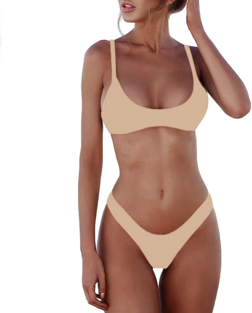 Women's Scoop Neck Bikini Set - Push Up Padded Top with Brazilian Thong Bottoms in Solids and Prints - Blue (8)
