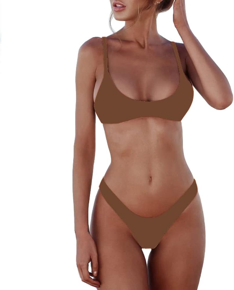 Women's Scoop Neck Bikini Set - Push Up Padded Top with Brazilian Thong Bottoms in Solids and Prints - Big Safflower
