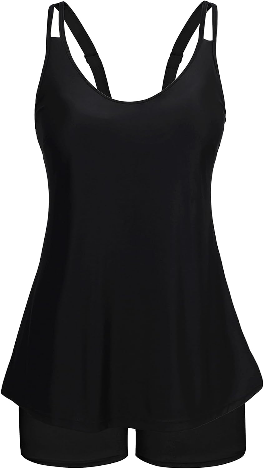 Women's Flowy Tankini Set - Scoop Neck Top with Removable Pads and High Waisted Bottoms for Modest Swims - Small