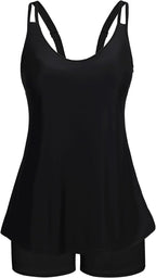 Women's Flowy Tankini Set - Scoop Neck Top with Removable Pads and High Waisted Bottoms for Modest Swims - Small