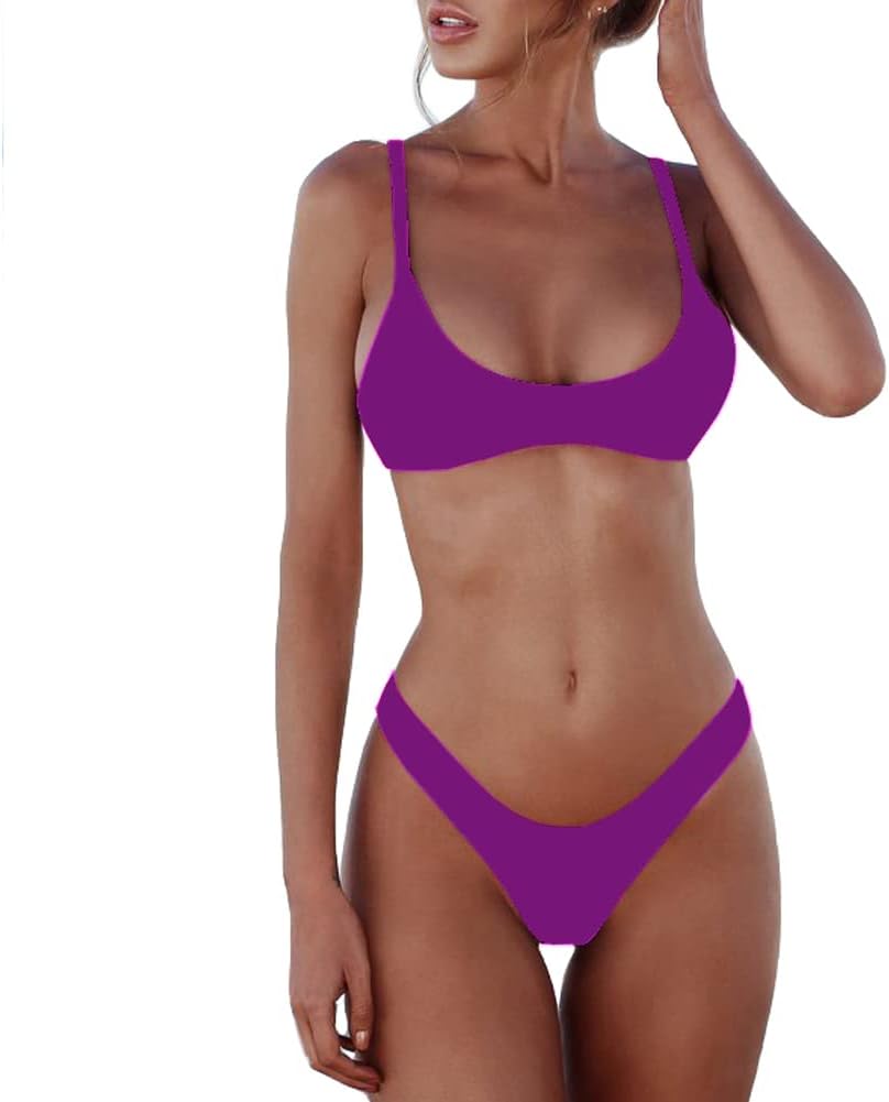 Women's Scoop Neck Bikini Set - Push Up Padded Top with Brazilian Thong Bottoms in Solids and Prints - Brown