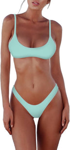 Women's Scoop Neck Bikini Set - Push Up Padded Top with Brazilian Thong Bottoms in Solids and Prints - Avocado