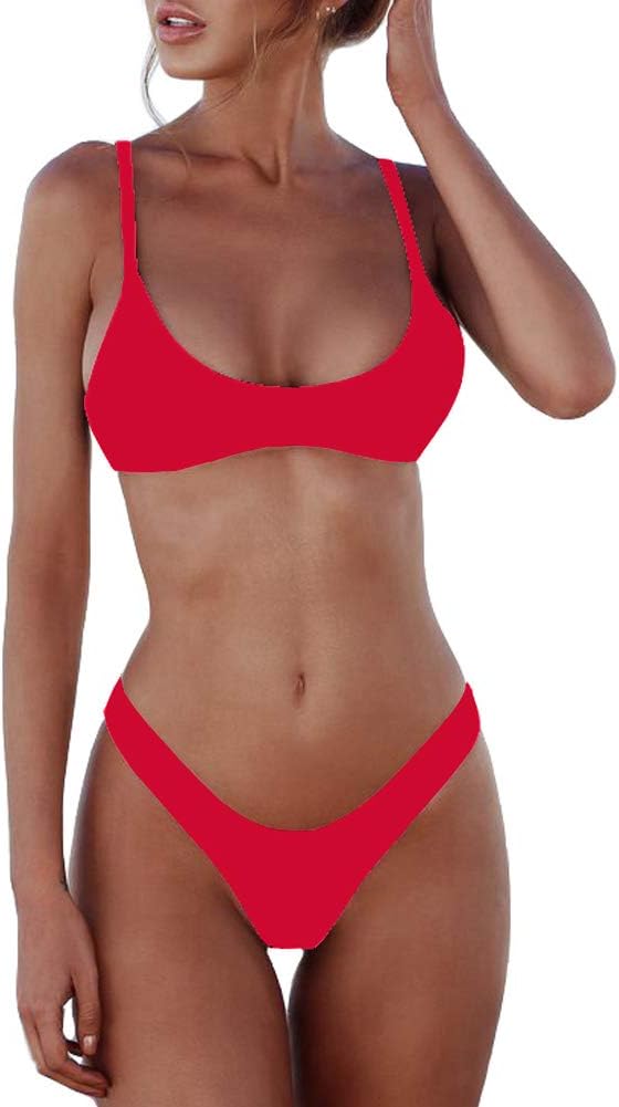 Women's Scoop Neck Bikini Set - Push Up Padded Top with Brazilian Thong Bottoms in Solids and Prints - Black