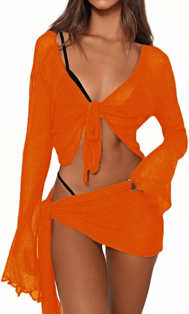 Women's Mesh Beach Cover-Up Set - Sheer Long Sleeve Crop Top with Matching Mini Skirt for Pool Parties - Small