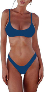Women's Scoop Neck Bikini Set - Push Up Padded Top with Brazilian Thong Bottoms in Solids and Prints - Blue (23)