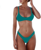 Women's Scoop Neck Bikini Set - Push Up Padded Top with Brazilian Thong Bottoms in Solids and Prints - Blue Flower (28)