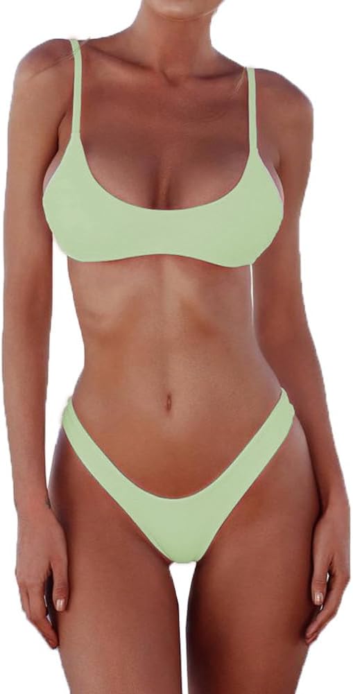 Women's Scoop Neck Bikini Set - Push Up Padded Top with Brazilian Thong Bottoms in Solids and Prints - Big Safflower