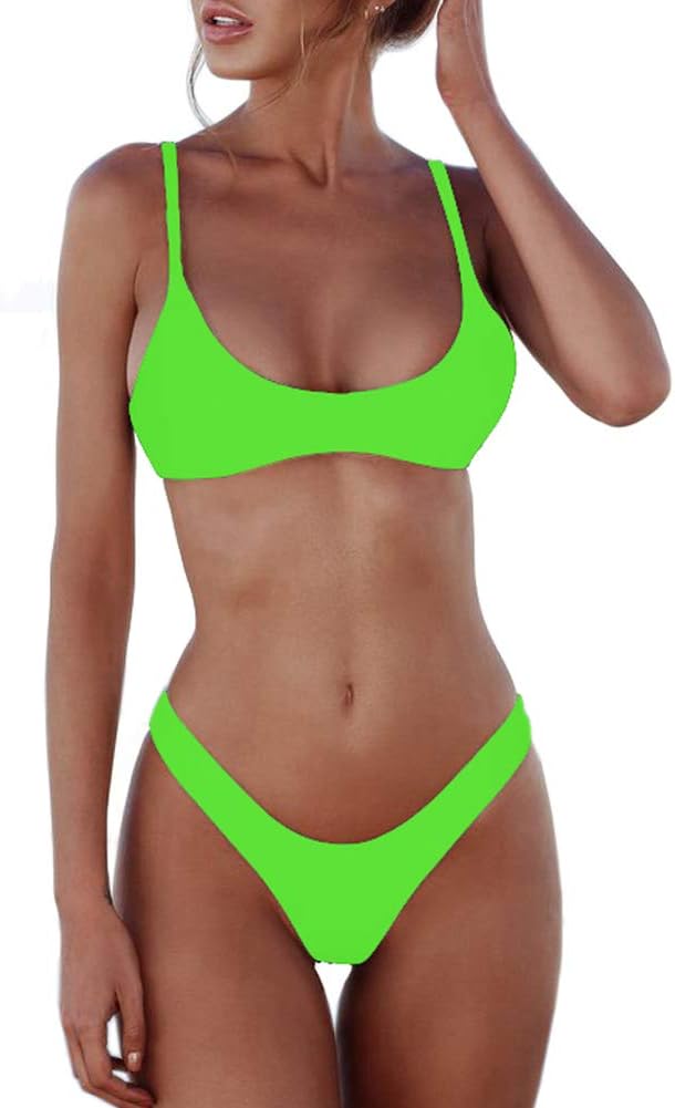 Women's Scoop Neck Bikini Set - Push Up Padded Top with Brazilian Thong Bottoms in Solids and Prints - Beige