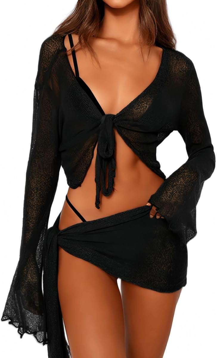 Women's Mesh Beach Cover-Up Set - Sheer Long Sleeve Crop Top with Matching Mini Skirt for Pool Parties - Small