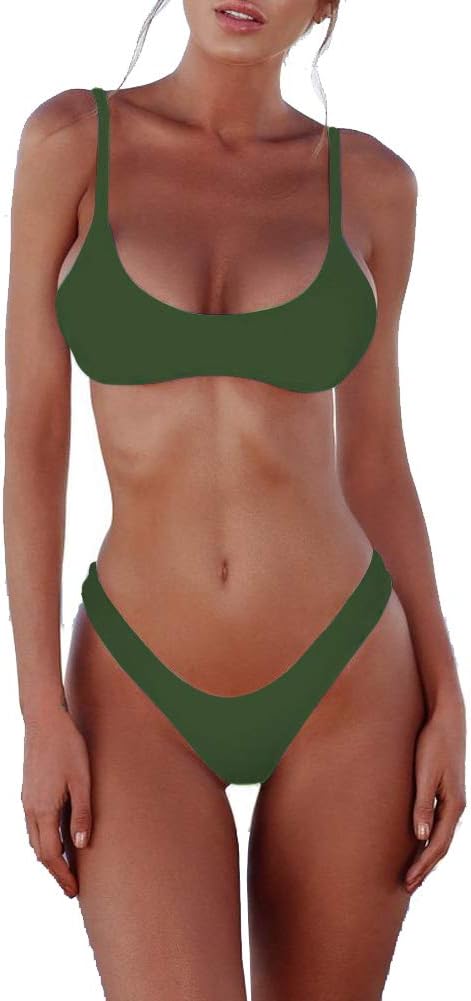 Women's Scoop Neck Bikini Set - Push Up Padded Top with Brazilian Thong Bottoms in Solids and Prints - Avocado