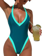 Women's Colour Block Monokini - High Cut Cheeky One Piece with Cross Back Straps and a V-Neck Front - 0