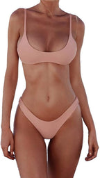 Women's Scoop Neck Bikini Set - Push Up Padded Top with Brazilian Thong Bottoms in Solids and Prints - Black (4)