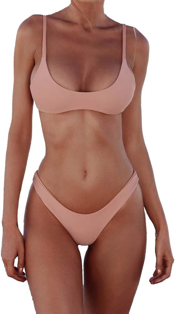 Women's Scoop Neck Bikini Set - Push Up Padded Top with Brazilian Thong Bottoms in Solids and Prints - Black (4)