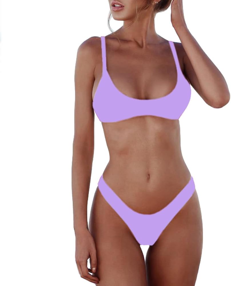 Women's Scoop Neck Bikini Set - Push Up Padded Top with Brazilian Thong Bottoms in Solids and Prints - Big Safflower