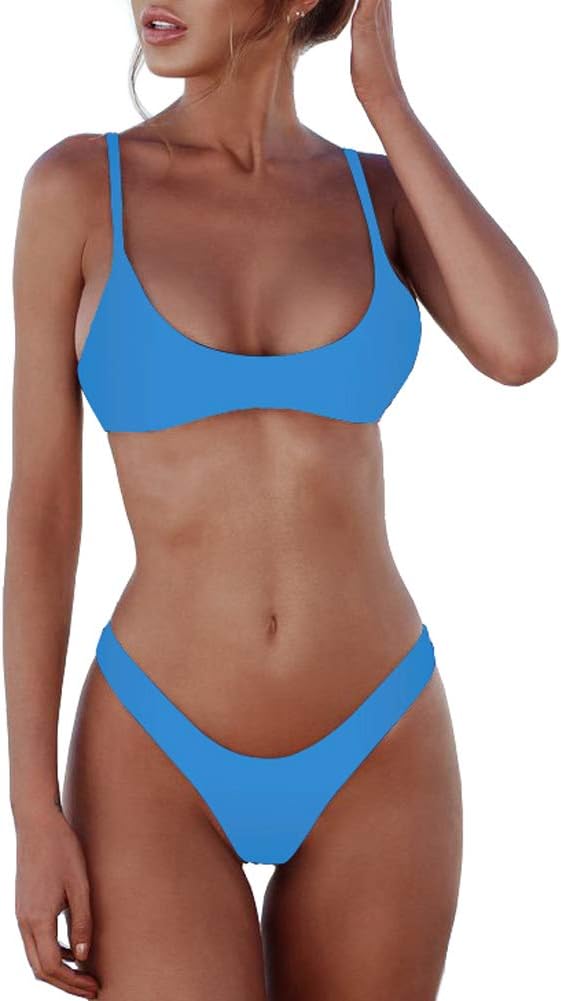 Women's Scoop Neck Bikini Set - Push Up Padded Top with Brazilian Thong Bottoms in Solids and Prints - Blue