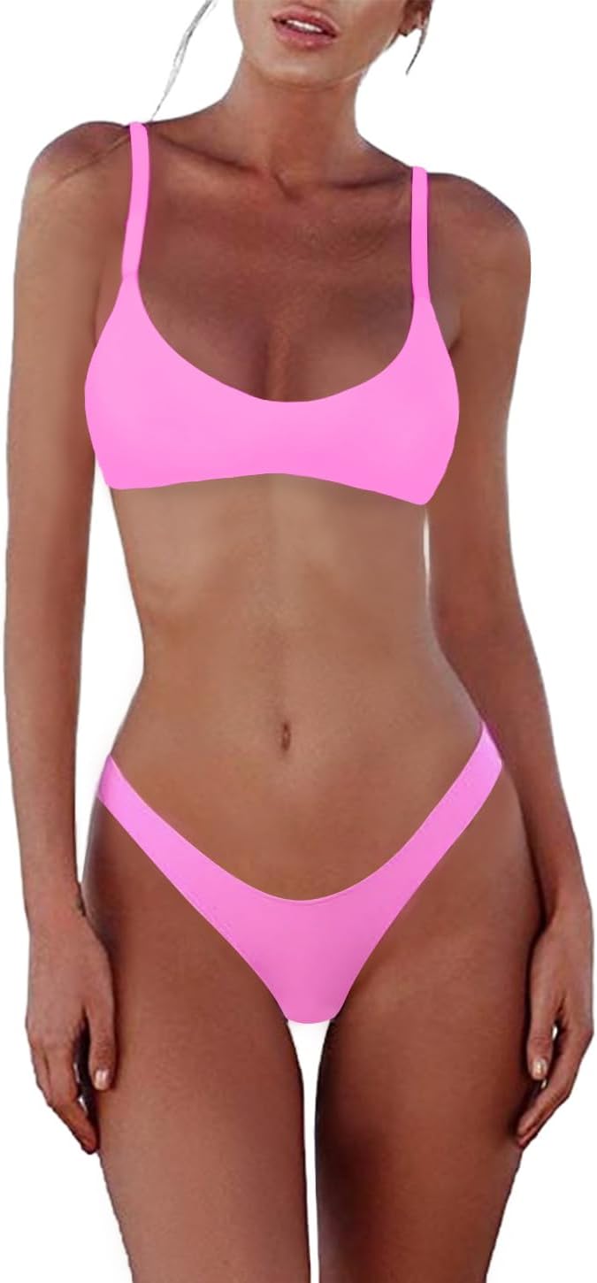 Women's Scoop Neck Bikini Set - Push Up Padded Top with Brazilian Thong Bottoms in Solids and Prints - Avocado (12)
