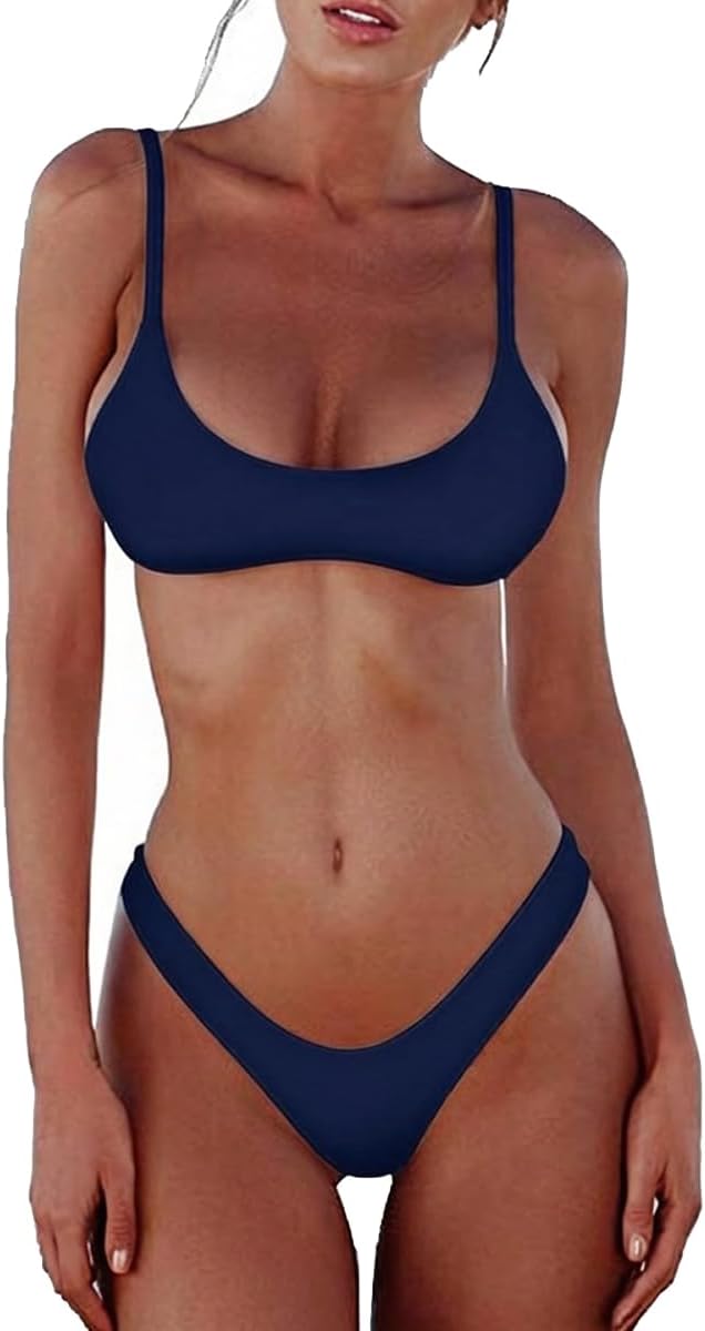 Women's Scoop Neck Bikini Set - Push Up Padded Top with Brazilian Thong Bottoms in Solids and Prints - Brown