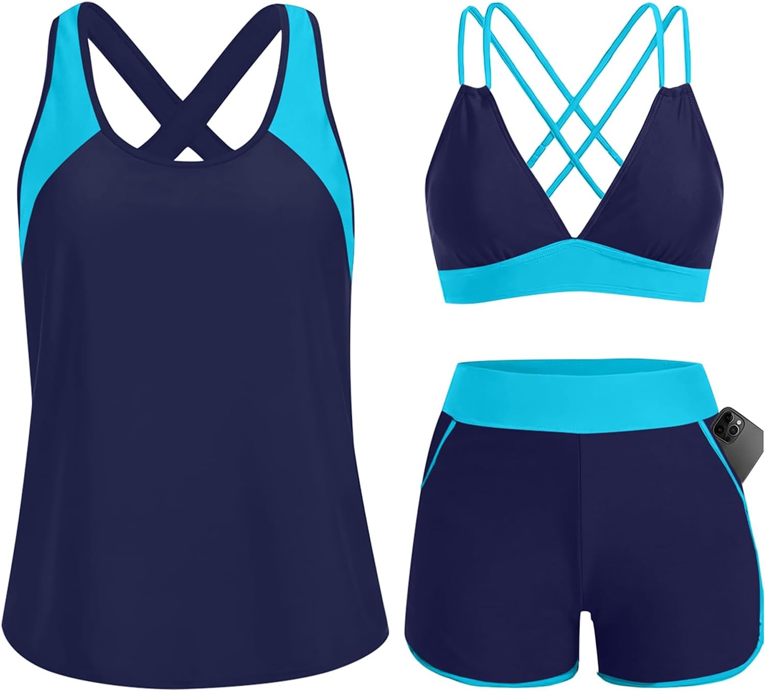 Women's 3 Piece Tankini Swimsuit - Tummy Control Top, High-Waist Boy Shorts and Built-In Brief for Swim Days - 24 Plus