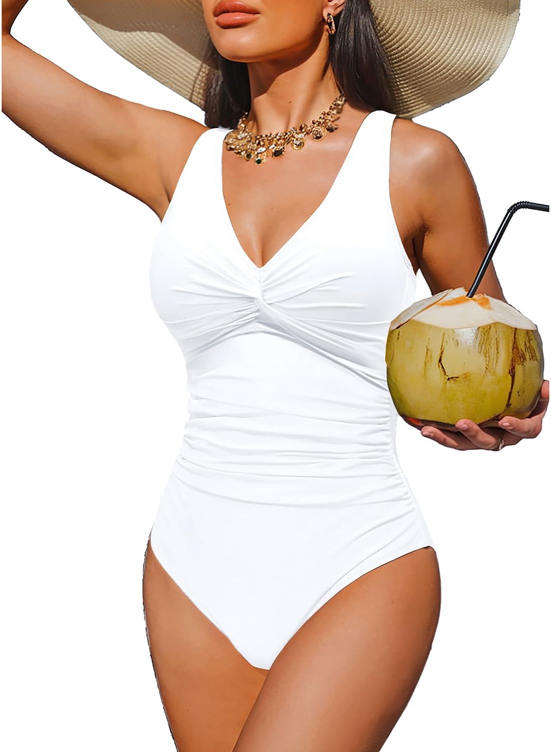 Women's Tummy Control One Piece Swimsuit - V-Neck Twist Front, Removable Pads and Full Coverage for Pool Days - Small (1