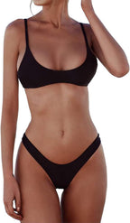 Women's Scoop Neck Bikini Set - Push Up Padded Top with Brazilian Thong Bottoms in Solids and Prints - Black