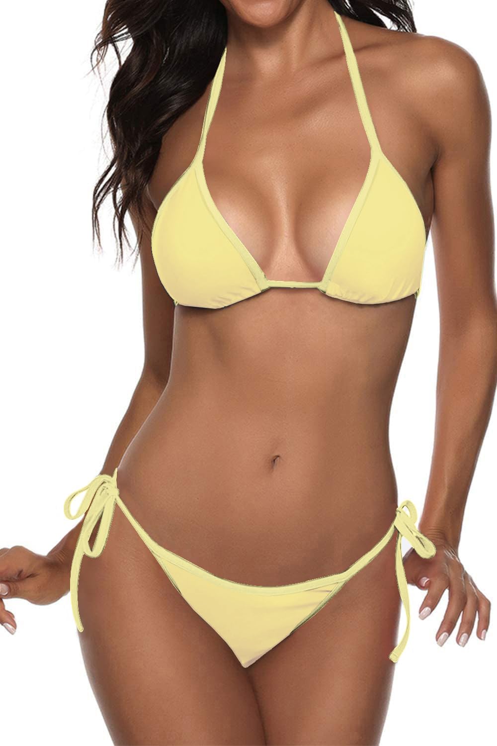 Women's Halter Triangle Bikini Set - Sliding Triangle Top with Side Tie Low Rise Scrunch Bottoms - Medium