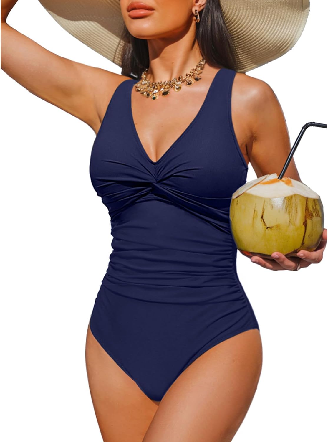 Women's Tummy Control One Piece Swimsuit - V-Neck Twist Front, Removable Pads and Full Coverage for Pool Days - Small