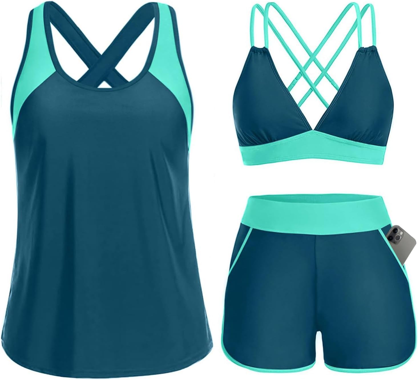 Women's 3 Piece Tankini Swimsuit - Tummy Control Top, High-Waist Boy Shorts and Built-In Brief for Swim Days - Small