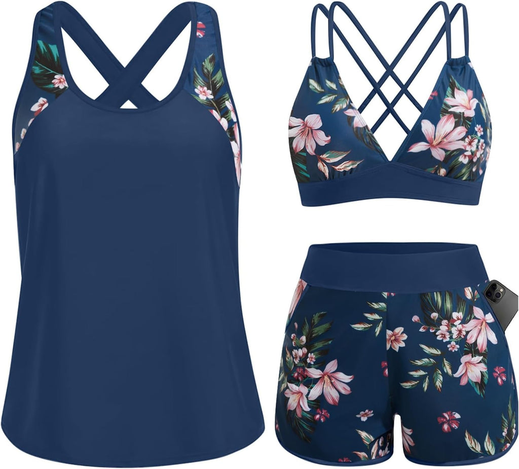 Women's 3 Piece Tankini Swimsuit - Tummy Control Top, High-Waist Boy Shorts and Built-In Brief for Swim Days - Medium