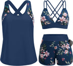 Women's 3 Piece Tankini Swimsuit - Tummy Control Top, High-Waist Boy Shorts and Built-In Brief for Swim Days - Medium