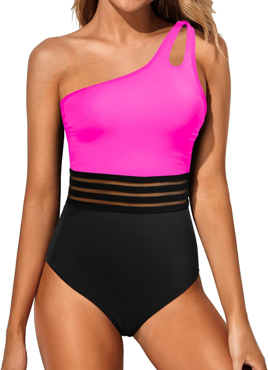 Women's One Shoulder One Piece Swimsuit - Keyhole Front, Ruched Tummy Control and Removable Soft Cups - Black