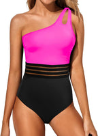 Women's One Shoulder One Piece Swimsuit - Keyhole Front, Ruched Tummy Control and Removable Soft Cups - Black