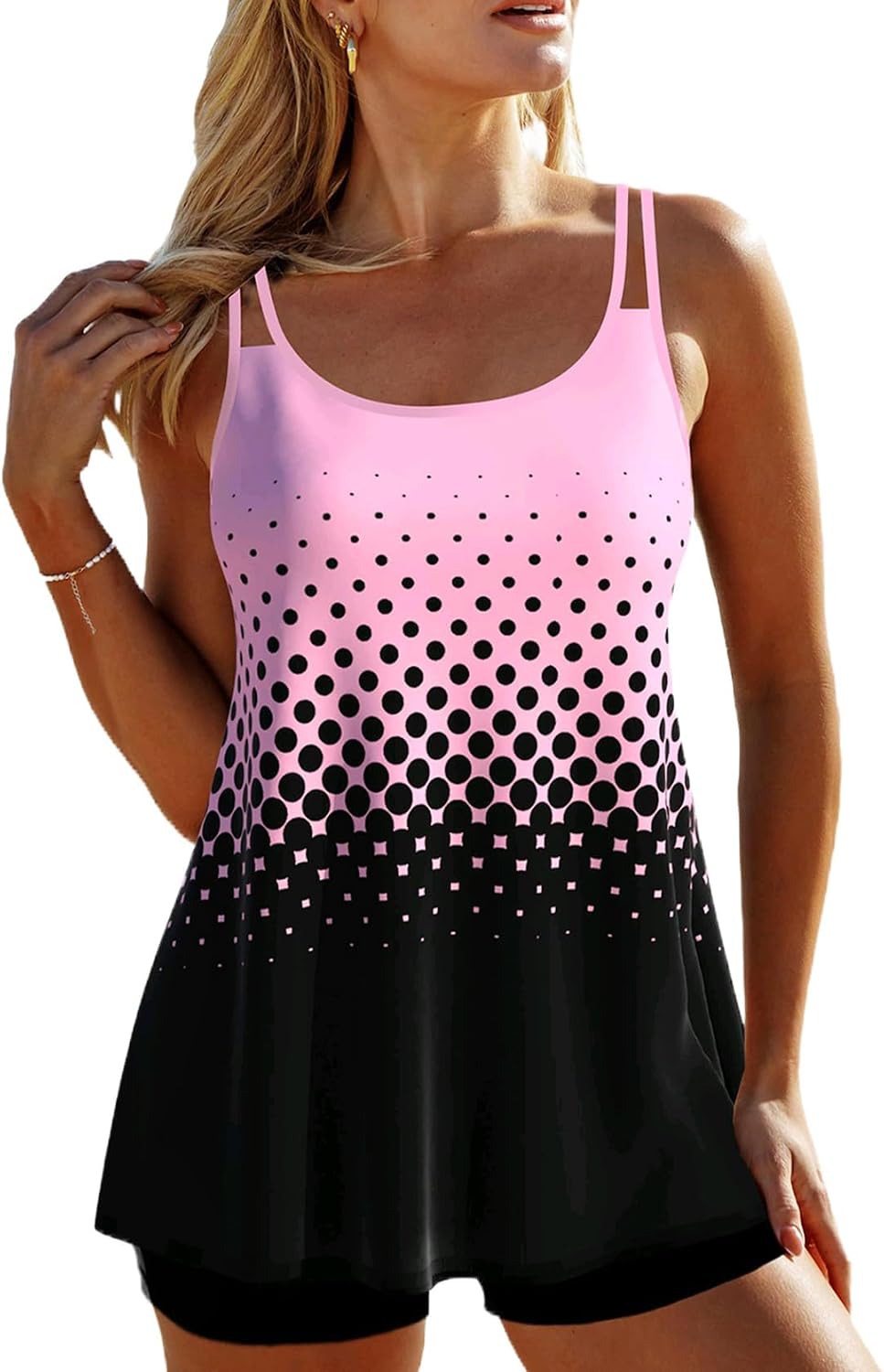 Women's Double Strap Tankini Set - Adjustable Shoulder Straps and Soft Breathable Two Piece Bathing Suit - Medium