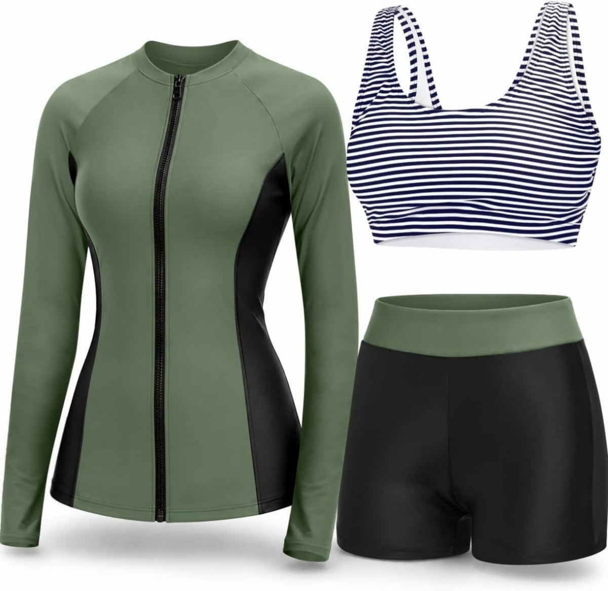 Women's 3 Piece Rash Guard Set - UPF 50+ Long Sleeve Swim Shirt, Built-In Bra Top and Mid Rise Bottoms - Medium
