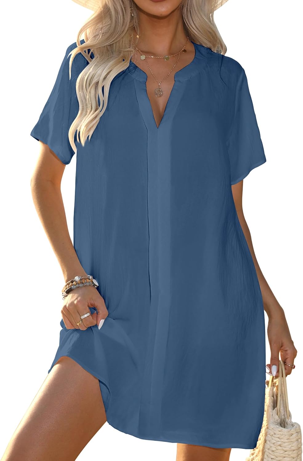 Women's Flowy V-Neck Beach Cover-Up - Short Sleeve, Lightweight and Breathable for Resort and Vacation Wear - Small