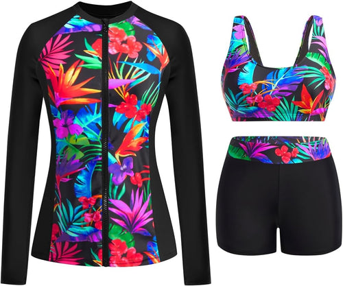 Women's 3 Piece Rash Guard Set - UPF 50+ Long Sleeve Swim Shirt, Built-In Bra Top and Mid Rise Bottoms - XX-Small