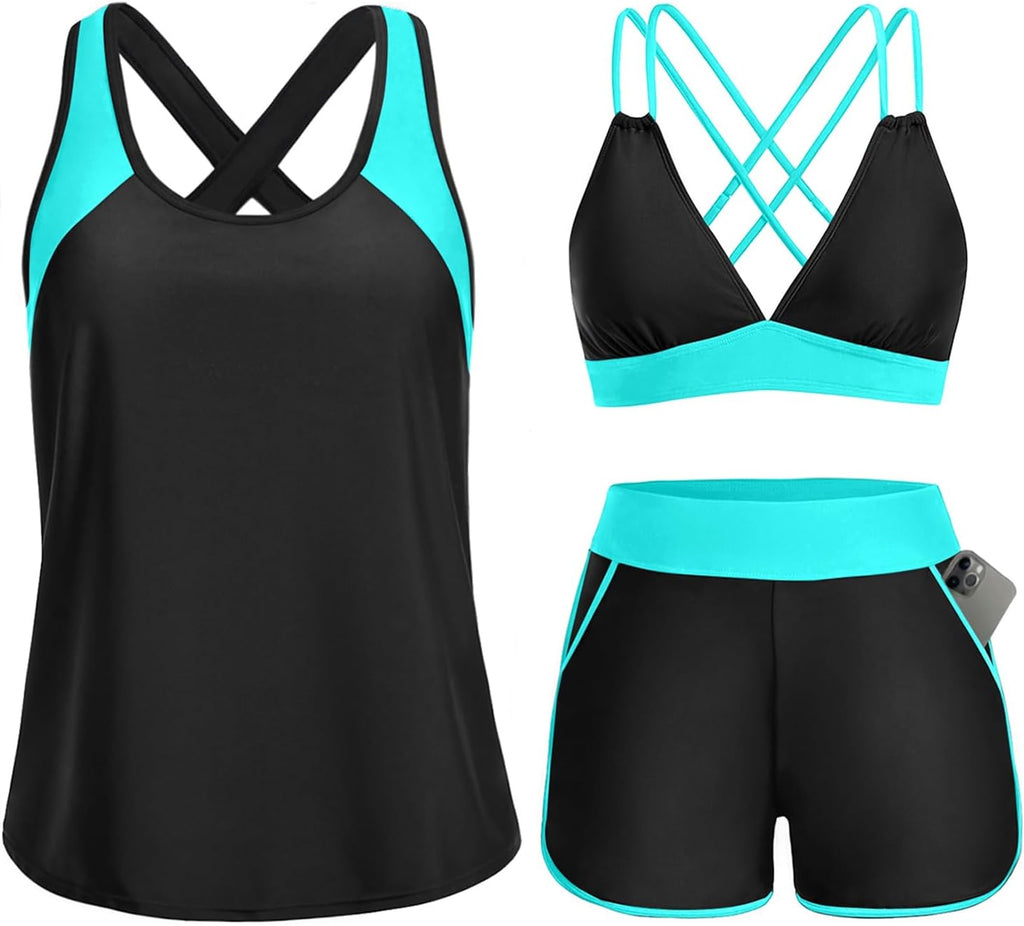 Women's 3 Piece Tankini Swimsuit - Tummy Control Top, High-Waist Boy Shorts and Built-In Brief for Swim Days - Medium