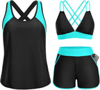 Women's 3 Piece Tankini Swimsuit - Tummy Control Top, High-Waist Boy Shorts and Built-In Brief for Swim Days - Medium
