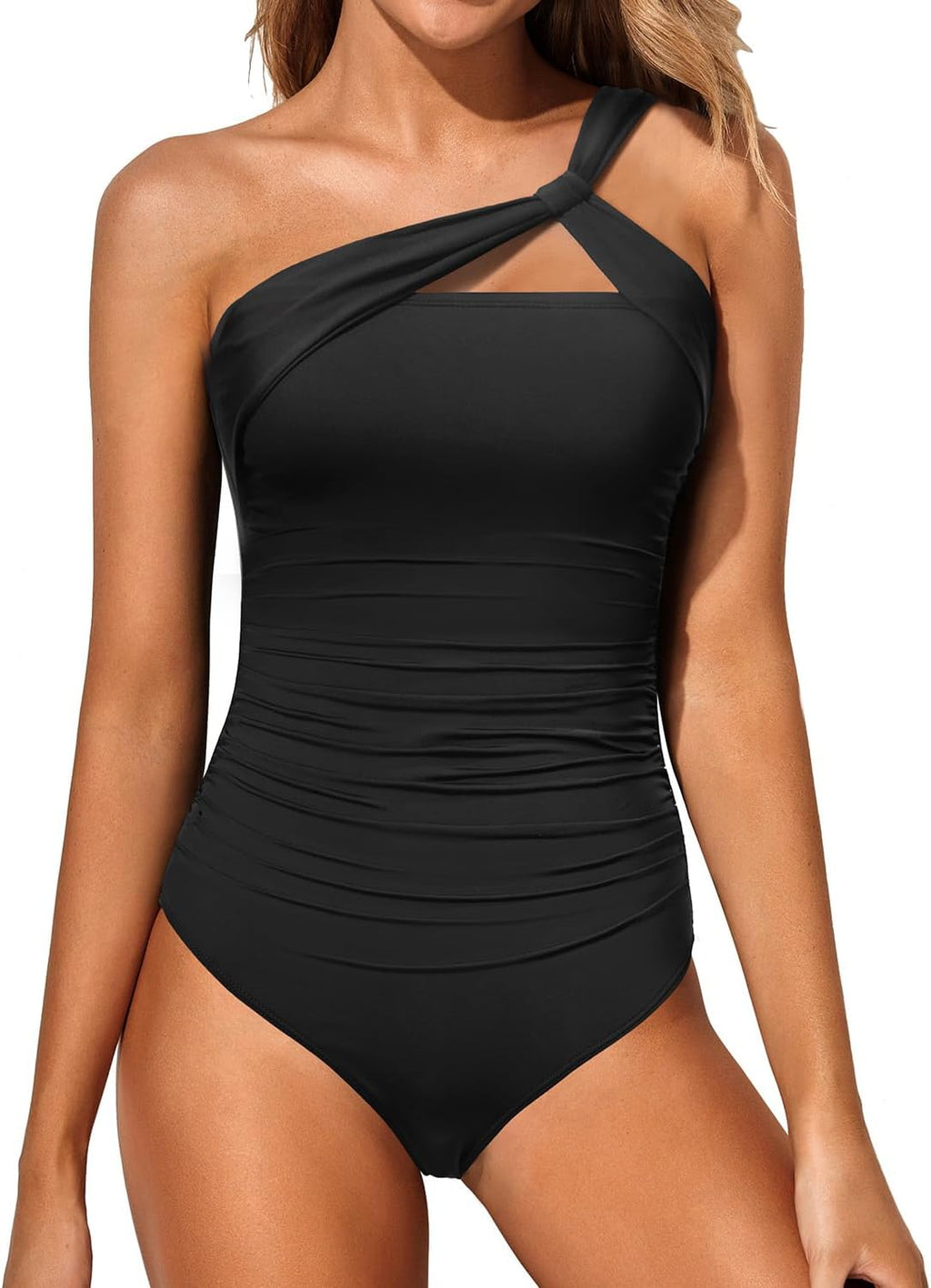 Women's One Shoulder One Piece Swimsuit - Keyhole Front, Ruched Tummy Control and Removable Soft Cups - Color Block