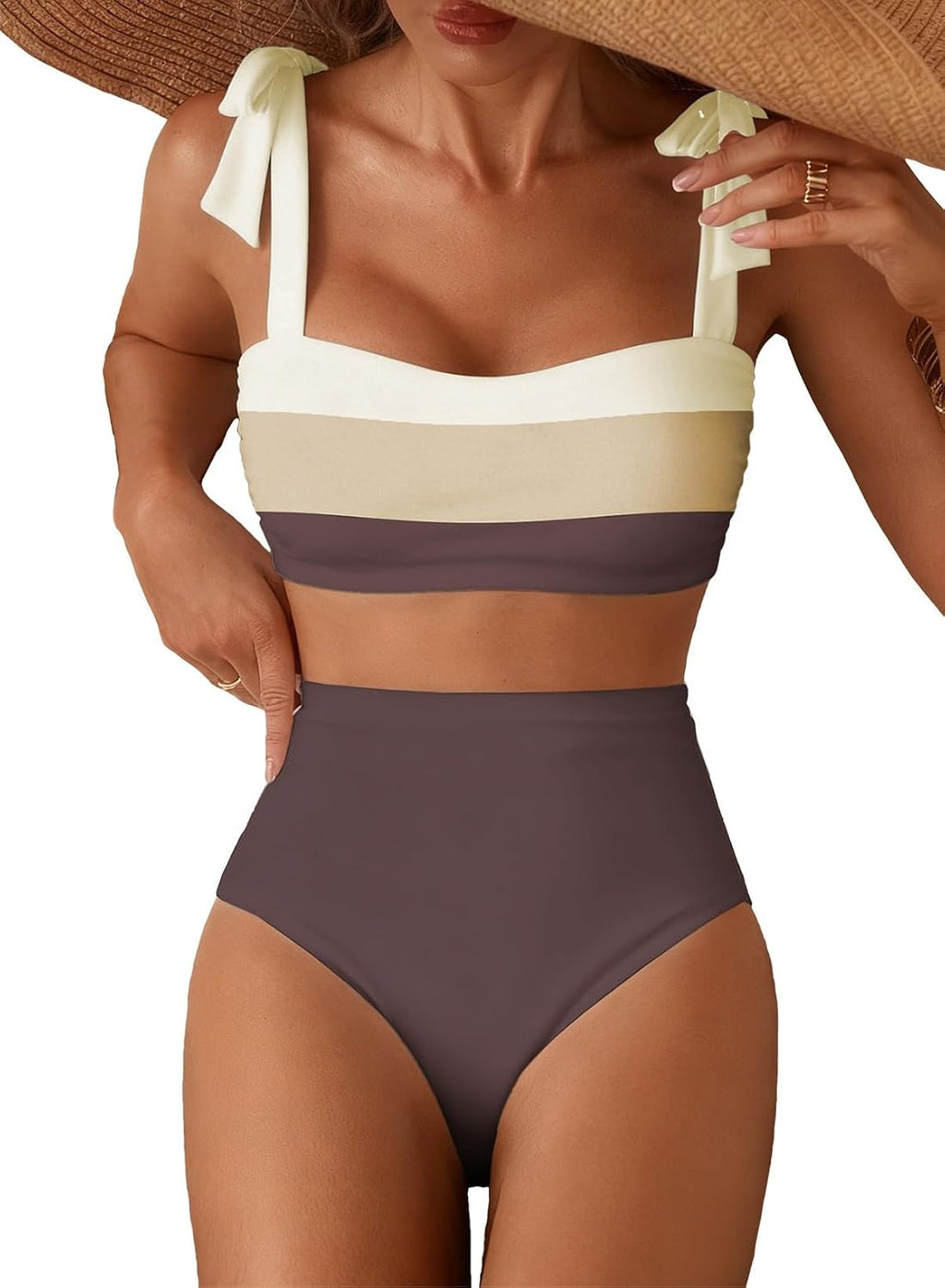 Women's Tie Shoulder Bikini Set - Two Piece with High Waisted Full Coverage Bottoms and Removable Pads - Medium
