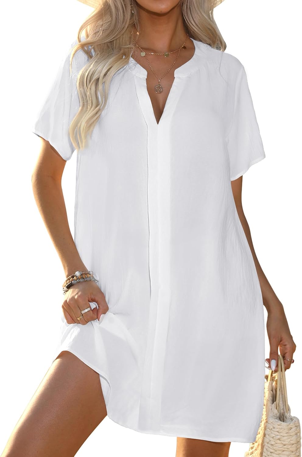 Women's Flowy V-Neck Beach Cover-Up - Short Sleeve, Lightweight and Breathable for Resort and Vacation Wear - Small