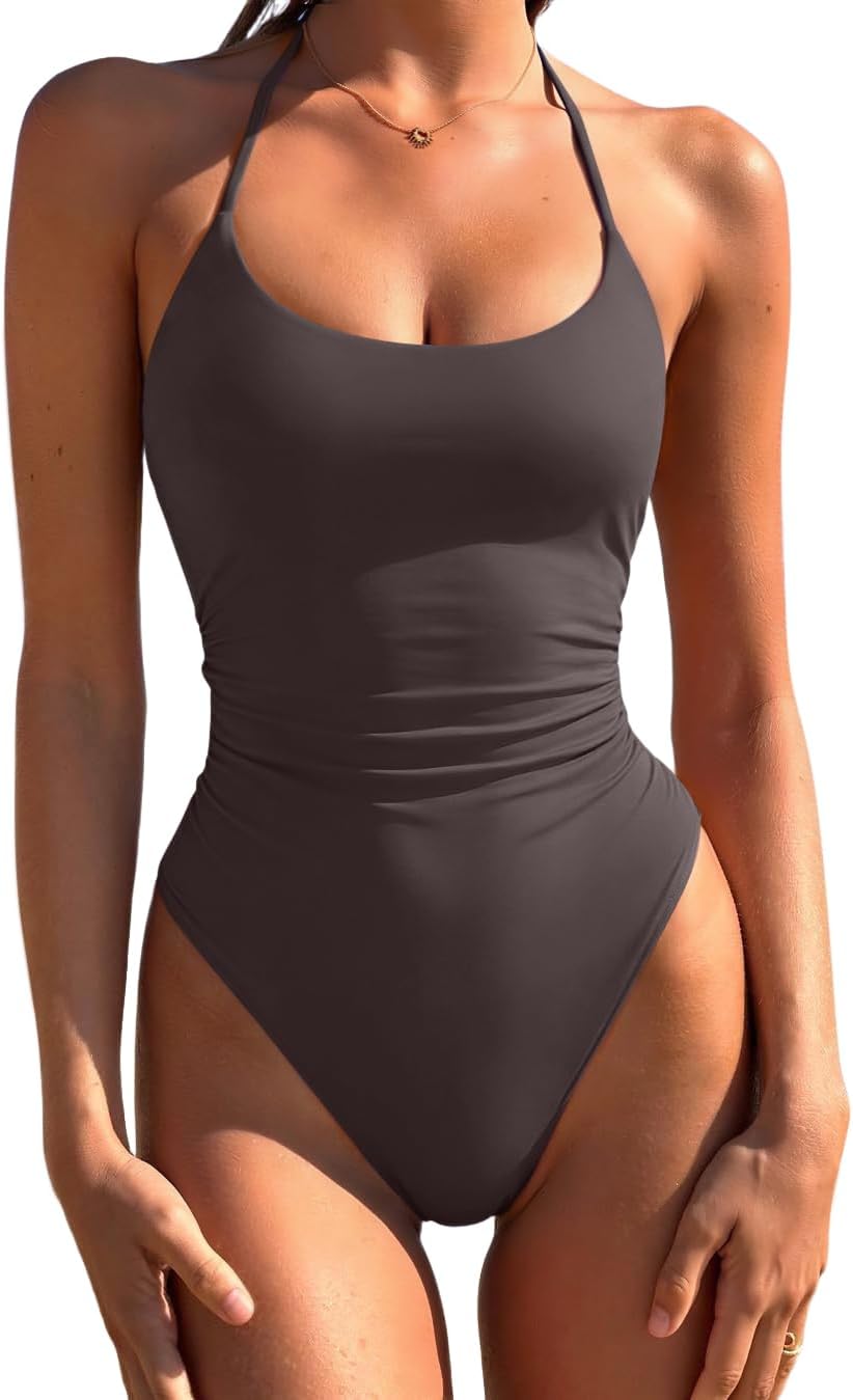 Women's Halter One Piece Swimsuit - Ruched Tummy Control with High Cut Legs and Open Back for Beach Days - Small