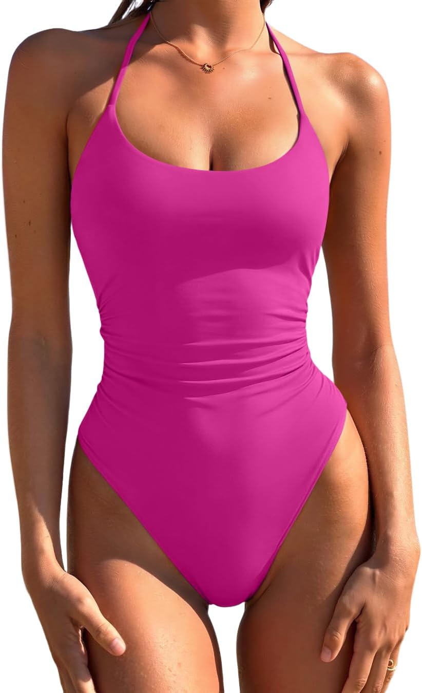 Women's Halter One Piece Swimsuit - Ruched Tummy Control with High Cut Legs and Open Back for Beach Days - Small
