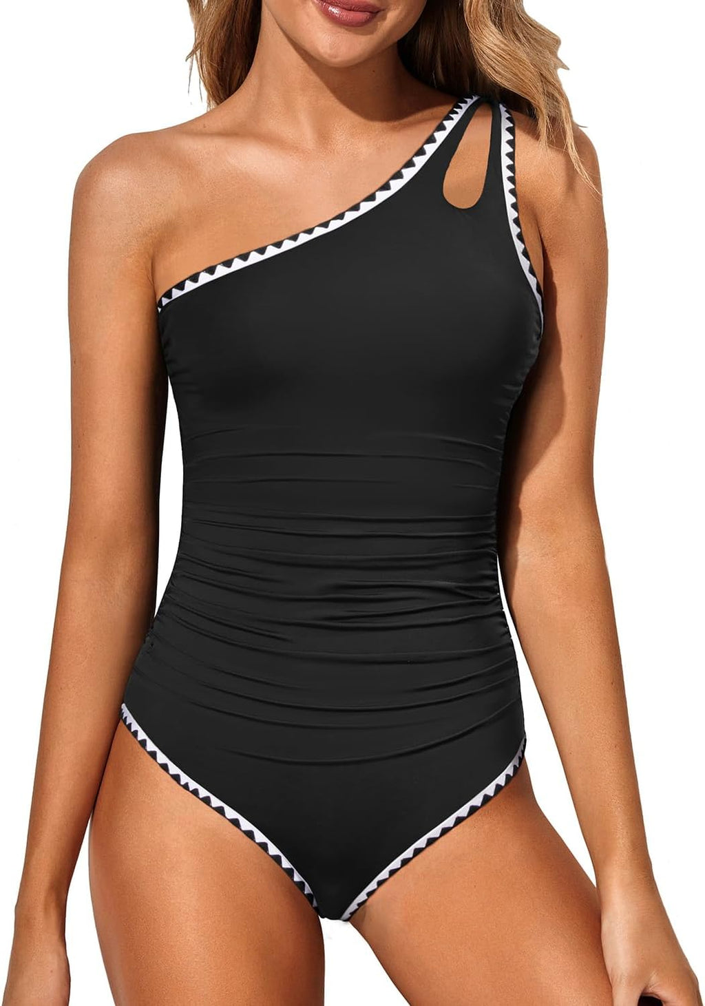 Women's One Shoulder One Piece Swimsuit - Keyhole Front, Ruched Tummy Control and Removable Soft Cups - Royal Blue (33)