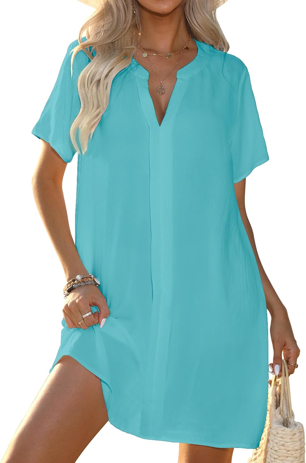 Women's Flowy V-Neck Beach Cover-Up - Short Sleeve, Lightweight and Breathable for Resort and Vacation Wear - Medium