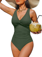 Women's Tummy Control One Piece Swimsuit - V-Neck Twist Front, Removable Pads and Full Coverage for Pool Days - Large
