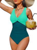 Women's Tummy Control One Piece Swimsuit - V-Neck Twist Front, Removable Pads and Full Coverage for Pool Days - Medium