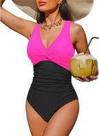 Women's Tummy Control One Piece Swimsuit - V-Neck Twist Front, Removable Pads and Full Coverage for Pool Days - Small