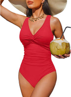 Women's Tummy Control One Piece Swimsuit - V-Neck Twist Front, Removable Pads and Full Coverage for Pool Days - Large