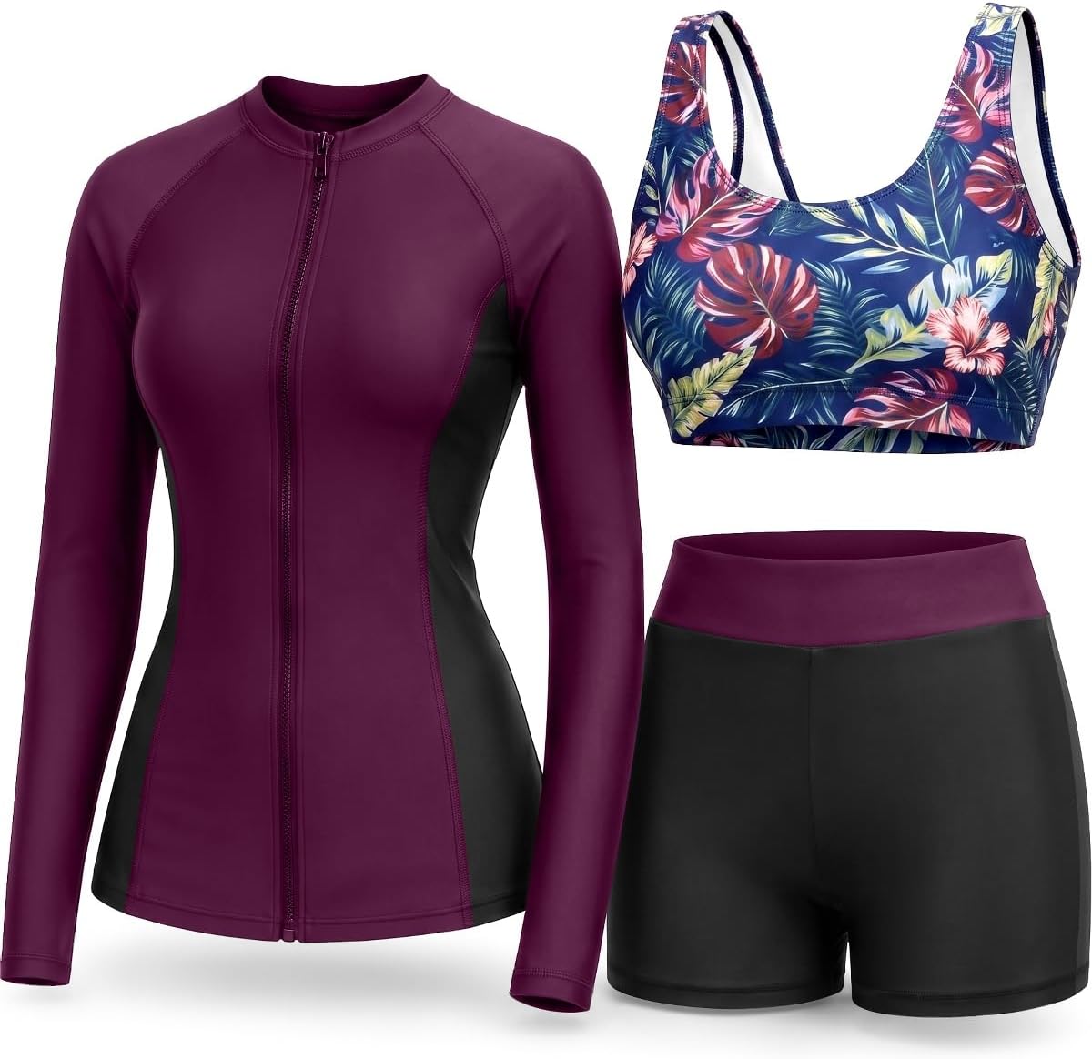 Women's 3 Piece Rash Guard Set - UPF 50+ Long Sleeve Swim Shirt, Built-In Bra Top and Mid Rise Bottoms - Medium