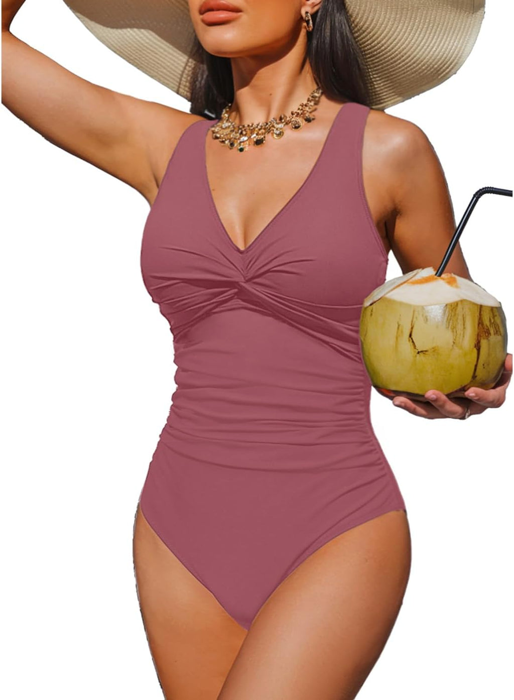Women's Tummy Control One Piece Swimsuit - V-Neck Twist Front, Removable Pads and Full Coverage for Pool Days - Large